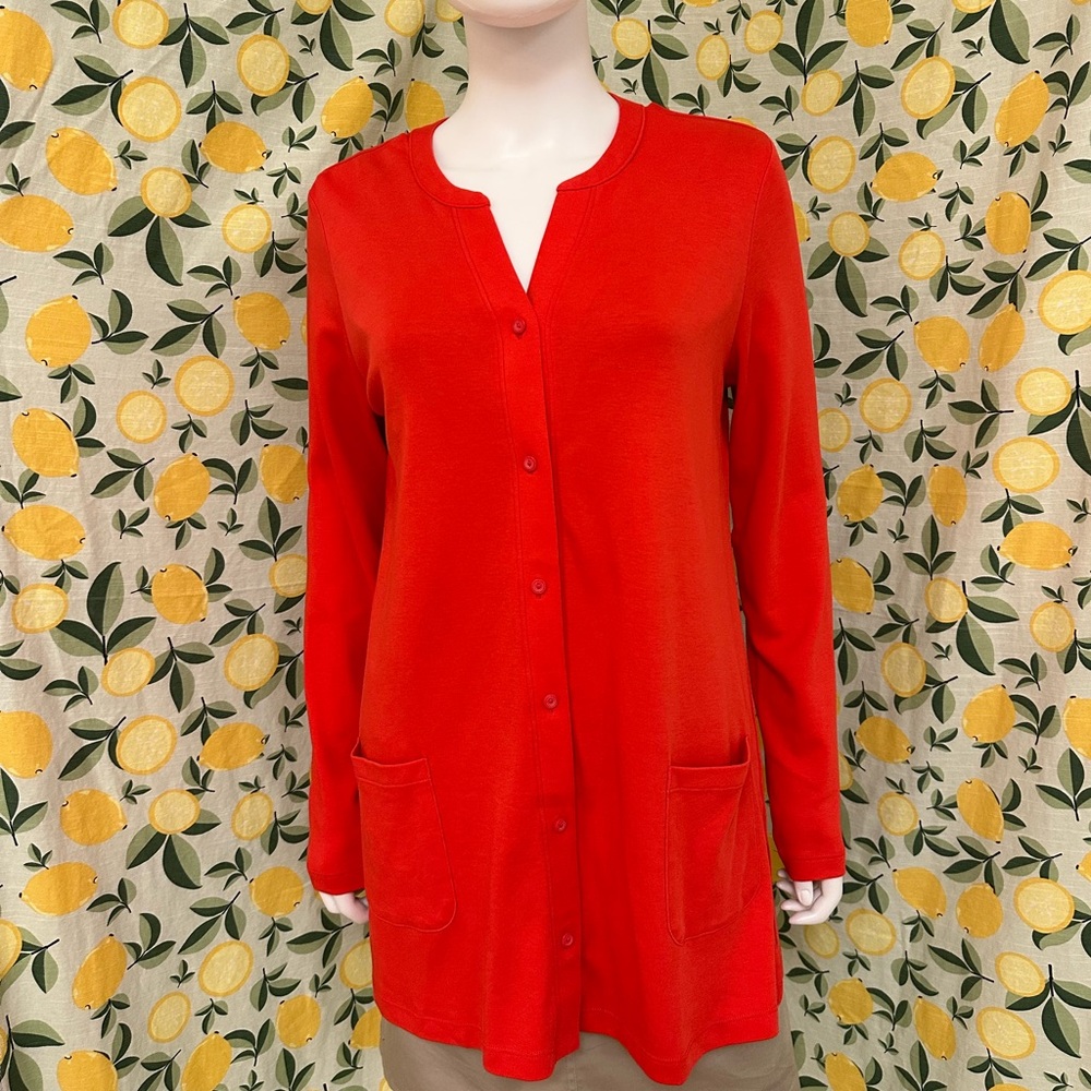Bright red cardigan